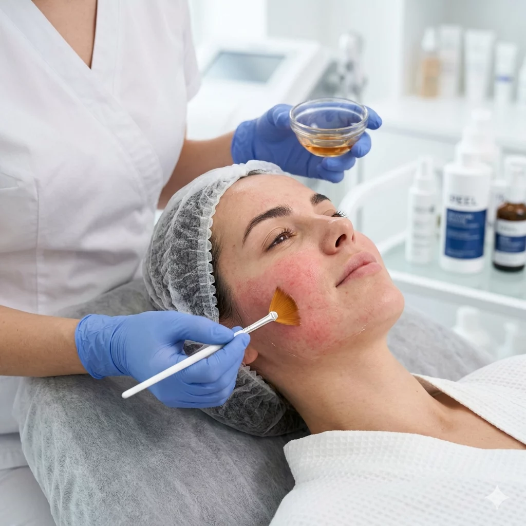 Medical aesthetician applying a professional chemical peel treatment to a client's face at Skinworks clinic.